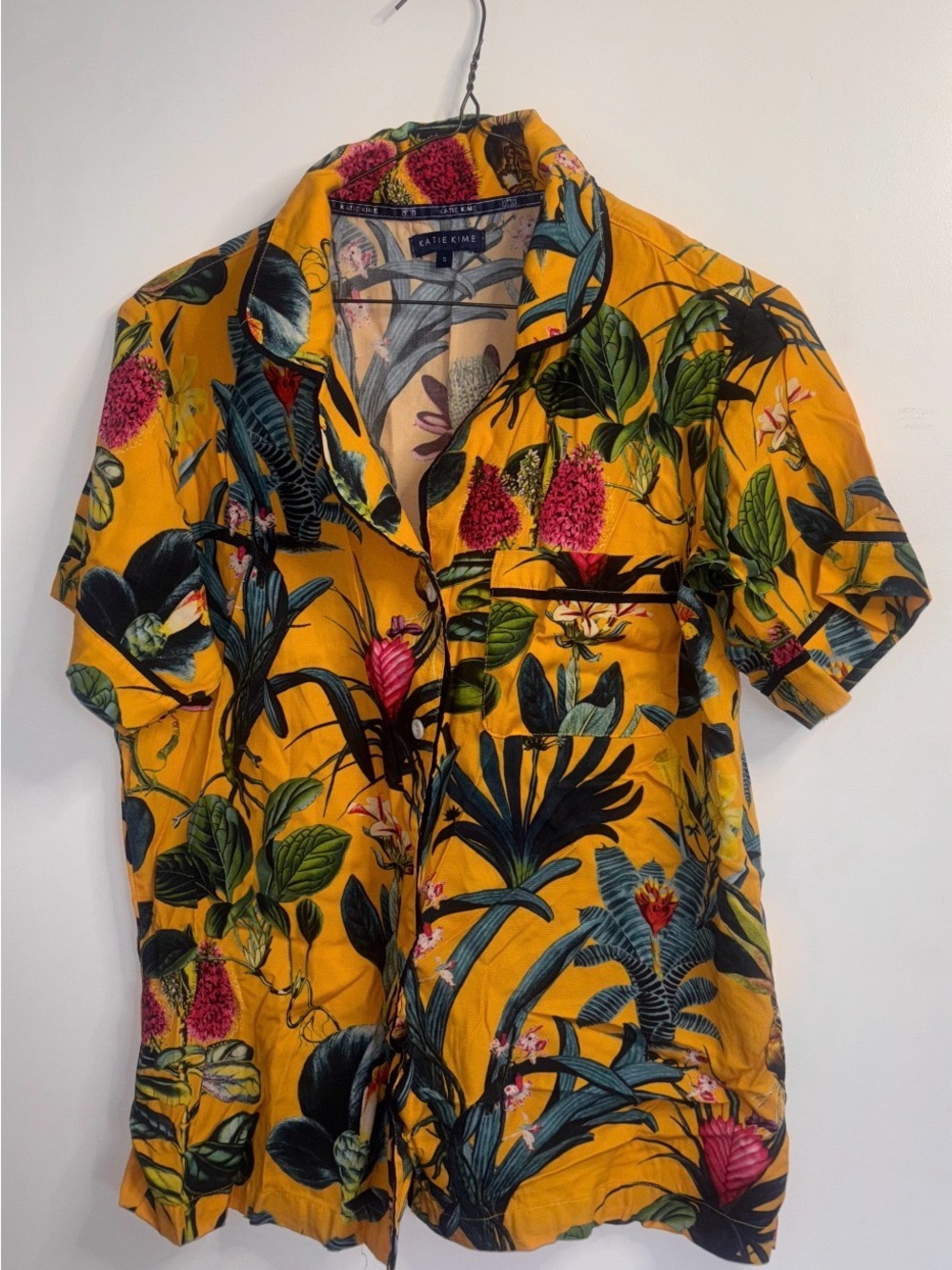 KATIE KİME Tropical Floral Lisse Pajama Top Mustard Yellow Pink
